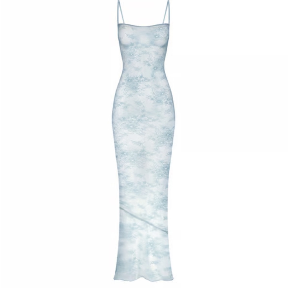 NWT Size small SKIMS Ultra Fine Lace CAMI LONG DRESS in denim blue.